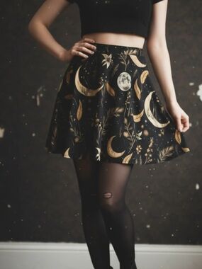 Celestial Moon Print Black Skater Skirt